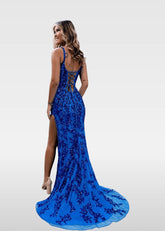 Nydia | Royal Blue and Emerald Green Mermaid V Neck Slit in Prom Dress - Royal Blue - PromDressClub